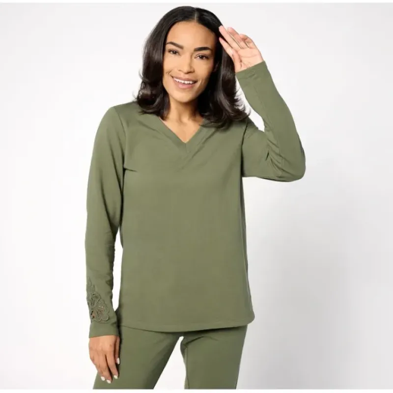 Active French Terry V-Neck Pullover with Crochet - a world of fashionable women's clothing, including a wide selection of dresses and trendy accessories.< Fashion
