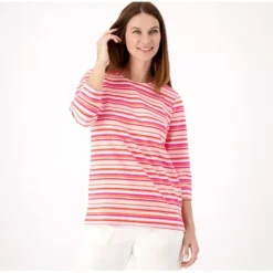 Active Striped French Terry 3/4 Sleeve Top w/Back Detail - a world of fashionable women's clothing, including a wide selection of dresses and trendy accessories.< Fashion