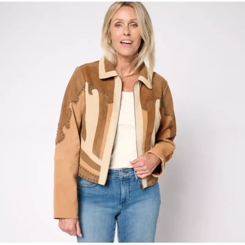 American West Color Blocked Suede Zip Front Jacket - a world of fashionable women's clothing, including a wide selection of dresses and trendy accessories.< Shop All