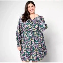 AnyBody Petite Printed Knee Length Dress with Smocked Sleeves - a world of fashionable women's clothing, including a wide selection of dresses and trendy accessories.< Dresses