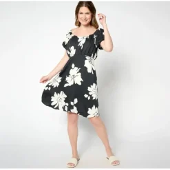 AnyBody Petite Woven Printed Puff Sleeve Dress - a world of fashionable women's clothing, including a wide selection of dresses and trendy accessories.< Dresses