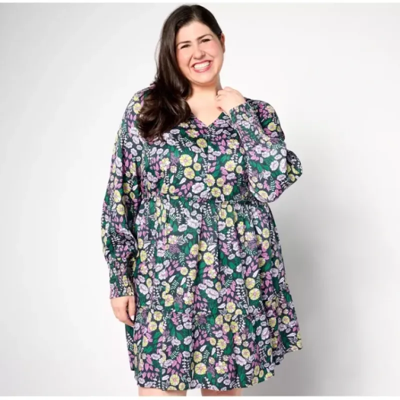 AnyBody Regular Printed Knee Length Dress with Smocked Sleeves - a world of fashionable women's clothing, including a wide selection of dresses and trendy accessories.< Dresses