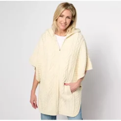 Aran Craft Merino Wool Zip Front Poncho with Pockets and Hood - a world of fashionable women's clothing, including a wide selection of dresses and trendy accessories.< Fashion
