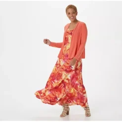 Attitudes by Renee Petite Como Jersey Printed Maxi Dress w/ Shrug - a world of fashionable women's clothing, including a wide selection of dresses and trendy accessories.< Dresses