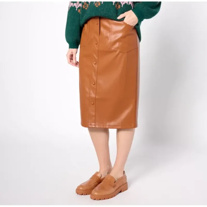 Canyon Retreat Snap Front Faux Leather Skirt - a world of fashionable women's clothing, including a wide selection of dresses and trendy accessories.> Online