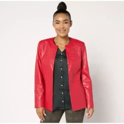 Isaac Mizrahi Live! Embroidered Faux Leather Jacket - a world of fashionable women's clothing, including a wide selection of dresses and trendy accessories.> Flash Sale