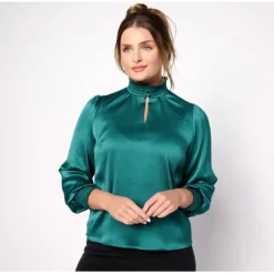 Isaac Mizrahi Live! Pebble Satin High Neck Blouse - a world of fashionable women's clothing, including a wide selection of dresses and trendy accessories.< Dresses