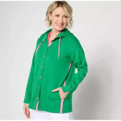 Isaac Mizrahi Live! Petite Clubhouse Scuba Knit Snap Front Tunic w/ Hood - a world of fashionable women's clothing, including a wide selection of dresses and trendy accessories.> Online