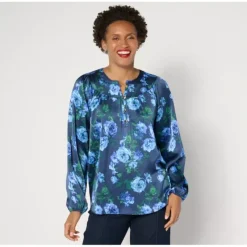 Isaac Mizrahi Live! Printed Stretch Hammered Satin Blouse - a world of fashionable women's clothing, including a wide selection of dresses and trendy accessories.> Hot