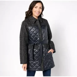 Isaac Mizrahi Live! Quilted Belted Coat w/ Tweed Accents - a world of fashionable women's clothing, including a wide selection of dresses and trendy accessories.> Clearance