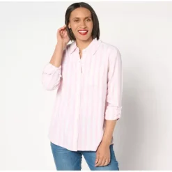 Isaac Mizrahi Live! Regular Striped Button Front Linen Blend Shirt - a world of fashionable women's clothing, including a wide selection of dresses and trendy accessories.> New