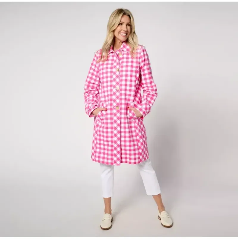 Isaac Mizrahi Live! Regular Gingham Button Front Car Coat - a world of fashionable women's clothing, including a wide selection of dresses and trendy accessories.> New