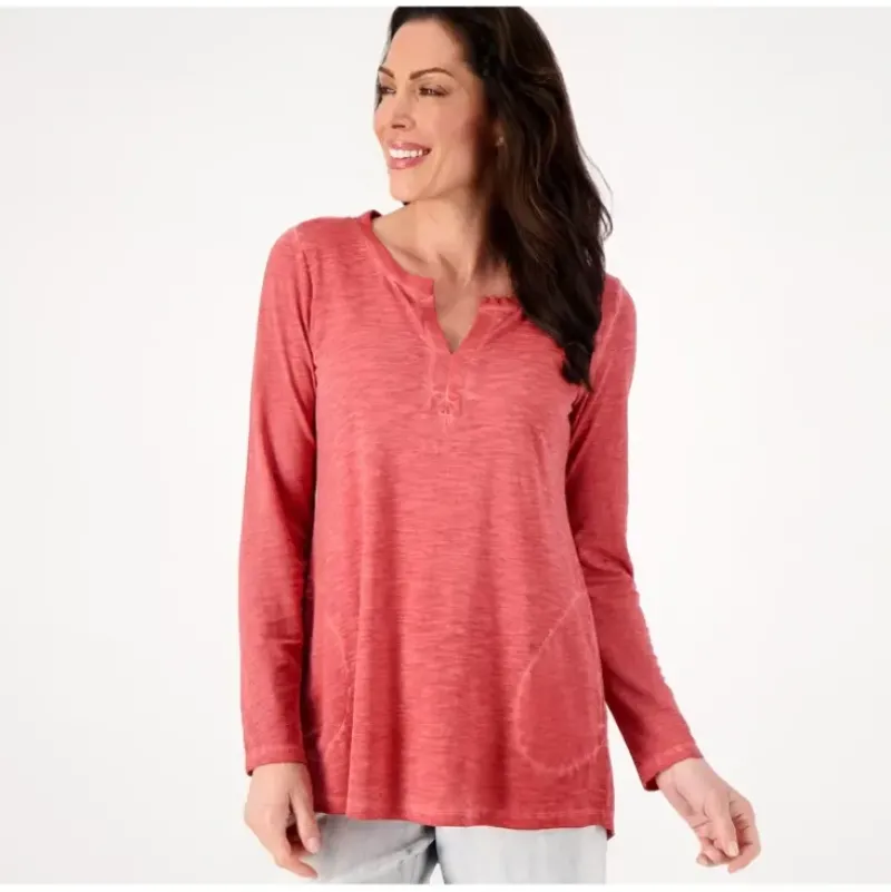 LOGO by Lori Goldstein Distressed Cotton Split Neck Top - a world of fashionable women's clothing, including a wide selection of dresses and trendy accessories.> Sale