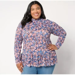 LOGO by Lori Goldstein Mock Neck 3/4 Sleeve Top with Shirred Waist - a world of fashionable women's clothing, including a wide selection of dresses and trendy accessories.< Shop All