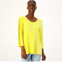 Susan Graver Liquid Knit 3/4-Sleeve Top w/Crochet Sleeve Detail - a world of fashionable women's clothing, including a wide selection of dresses and trendy accessories.> New