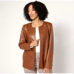 Susan Graver Petite Faux Leather Jacket with Laser Cut Detail - a world of fashionable women's clothing, including a wide selection of dresses and trendy accessories.> Flash Sale