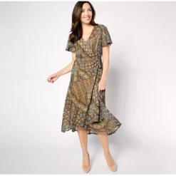 Susan Graver Petite Printed Mesh Flutter Sleeve Faux Wrap Dress - a world of fashionable women's clothing, including a wide selection of dresses and trendy accessories.< Dresses