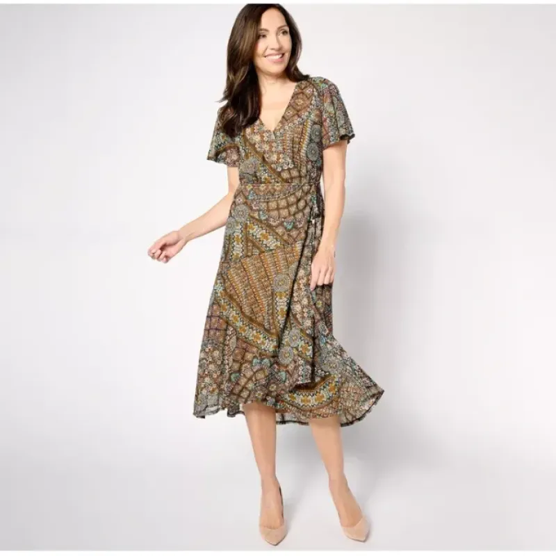 Susan Graver Petite Printed Mesh Flutter Sleeve Faux Wrap Dress - a world of fashionable women's clothing, including a wide selection of dresses and trendy accessories.< Dresses