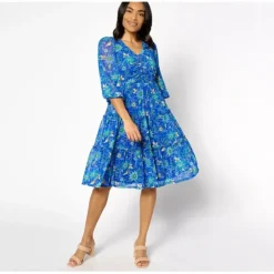 Susan Graver Petite Printed Mesh V-Neck 3/4 Sleeve Tiered Dress - a world of fashionable women's clothing, including a wide selection of dresses and trendy accessories.< Dresses