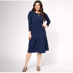 Susan Graver Petite Printed Liquid Knit 3/4 Sleeve Tiered Midi Dress - a world of fashionable women's clothing, including a wide selection of dresses and trendy accessories.< Dresses