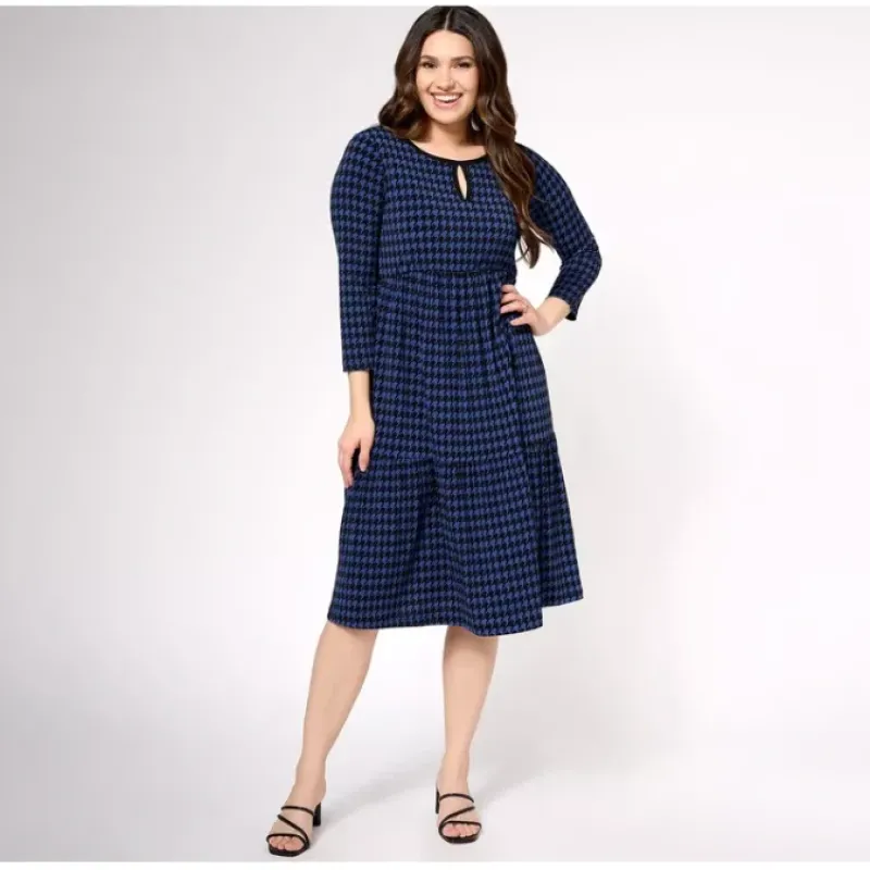 Susan Graver Petite Printed Liquid Knit 3/4 Sleeve Tiered Midi Dress - a world of fashionable women's clothing, including a wide selection of dresses and trendy accessories.< Dresses