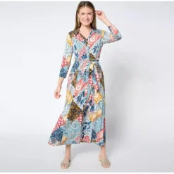 Susan Graver Petite Printed Liquid Knit Belted Maxi Dress - a world of fashionable women's clothing, including a wide selection of dresses and trendy accessories.< Dresses