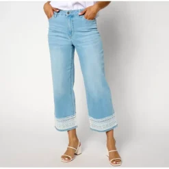 Susan Graver Petite Stretch Denim Wide Leg Crop Jean with Trim - a world of fashionable women's clothing, including a wide selection of dresses and trendy accessories.< Fashion