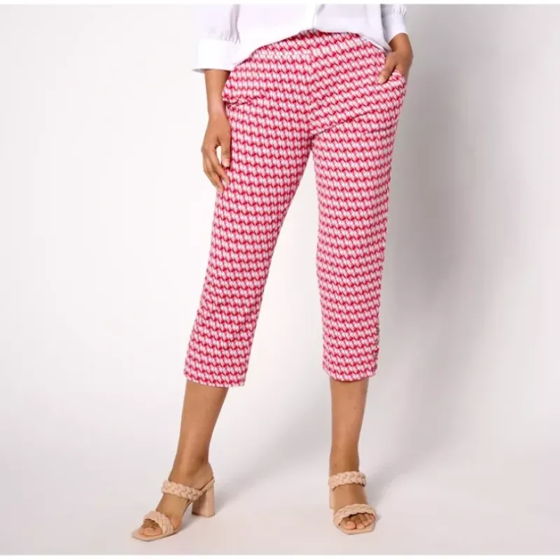 Susan Graver Printed Liquid Knit AVA Slim Leg Crop Pants w/ Button - a world of fashionable women's clothing, including a wide selection of dresses and trendy accessories.> Cheap