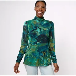 Susan Graver Printed Mesh Long-Sleeve Ruched Mock Neck Top - a world of fashionable women's clothing, including a wide selection of dresses and trendy accessories.< Fashion