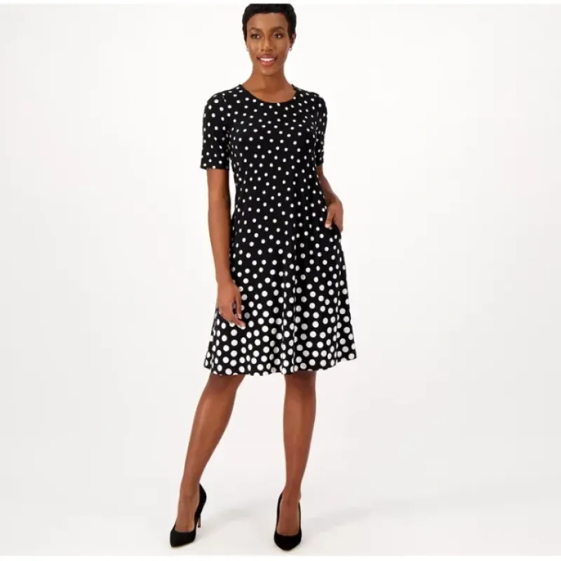 Susan Graver Printed Regular Liquid Knit Fit and Flare Dress - a world of fashionable women's clothing, including a wide selection of dresses and trendy accessories.< Dresses