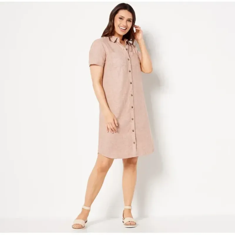 Susan Graver Pure Petite Linen Blend Button Front Dress - a world of fashionable women's clothing, including a wide selection of dresses and trendy accessories.< Dresses