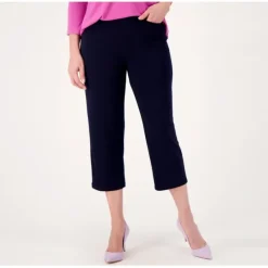 Susan Graver Reg Liquid Knit Slim-Leg Pull-On Crop Pants - a world of fashionable women's clothing, including a wide selection of dresses and trendy accessories.< Dresses