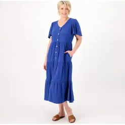 Susan Graver Reg Pure Linen Blend Tiered Button-Front Midi Dress - a world of fashionable women's clothing, including a wide selection of dresses and trendy accessories.< Dresses