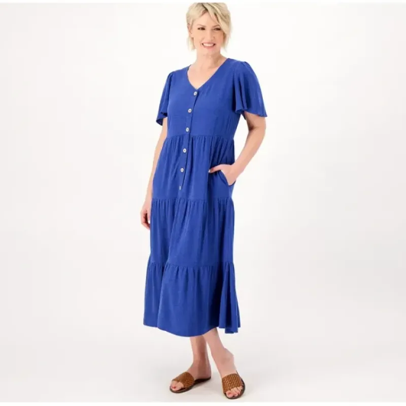 Susan Graver Reg Pure Linen Blend Tiered Button- Front Midi - a world of fashionable women's clothing, including a wide selection of dresses and trendy accessories.< Dresses