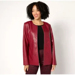 Susan Graver Regular Faux Leather Jacket with Laser Cut Detail - a world of fashionable women's clothing, including a wide selection of dresses and trendy accessories.> Hot