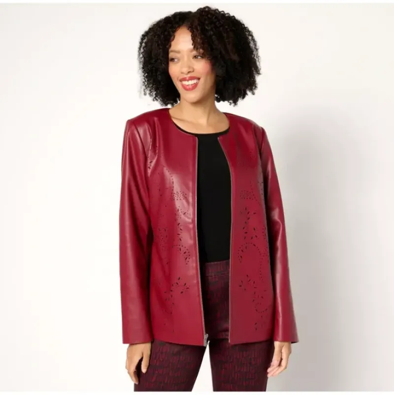 Susan Graver Regular Faux Leather Jacket with Laser Cut Detail - a world of fashionable women's clothing, including a wide selection of dresses and trendy accessories.> Hot