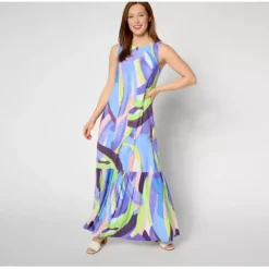 Susan Graver Regular Printed Liquid Knit A-Line Back Tie Maxi Dress - a world of fashionable women's clothing, including a wide selection of dresses and trendy accessories.< Dresses