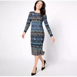 Susan Graver Regular Printed Liquid Knit Midi Dress w/ Flounce Hem - a world of fashionable women's clothing, including a wide selection of dresses and trendy accessories.< Dresses