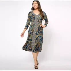 Susan Graver Regular Printed Liquid Knit 3/4 Sleeve V-Neck Dress - a world of fashionable women's clothing, including a wide selection of dresses and trendy accessories.< Dresses
