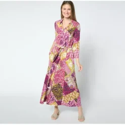 Susan Graver Regular Printed Liquid Knit Belted Maxi Dress - a world of fashionable women's clothing, including a wide selection of dresses and trendy accessories.< Dresses