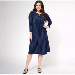 Susan Graver Regular Printed Liquid Knit 3/4 Sleeve Midi Dress - a world of fashionable women's clothing, including a wide selection of dresses and trendy accessories.< Dresses