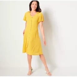 Susan Graver Regular Printed Liquid Knit Button Front Dress - a world of fashionable women's clothing, including a wide selection of dresses and trendy accessories.< Dresses