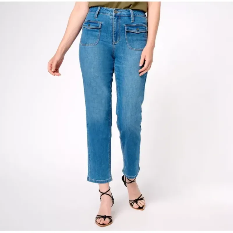 Susan Graver Regular Straight Leg Jean with Patch Pockets - a world of fashionable women's clothing, including a wide selection of dresses and trendy accessories.< Fashion