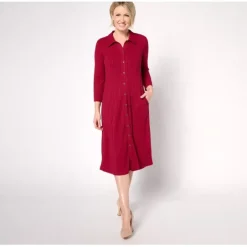 Susan Graver Regular Sweater Rib Knit Button Front Mid Dress - a world of fashionable women's clothing, including a wide selection of dresses and trendy accessories.< Dresses