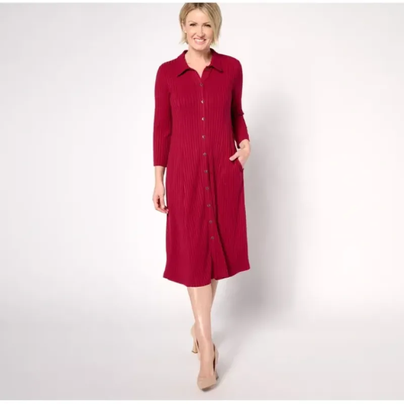 Susan Graver Regular Sweater Rib Knit Button Front Mid Dress - a world of fashionable women's clothing, including a wide selection of dresses and trendy accessories.< Dresses