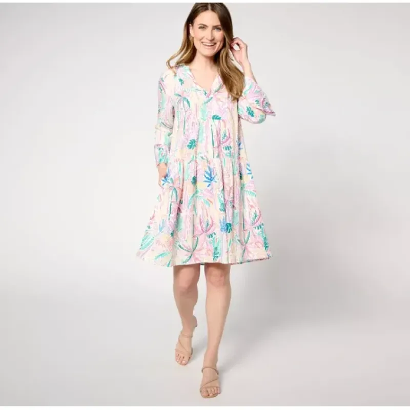 Susan Graver Soleil Printed Popover Tiered Dress - a world of fashionable women's clothing, including a wide selection of dresses and trendy accessories.< Dresses