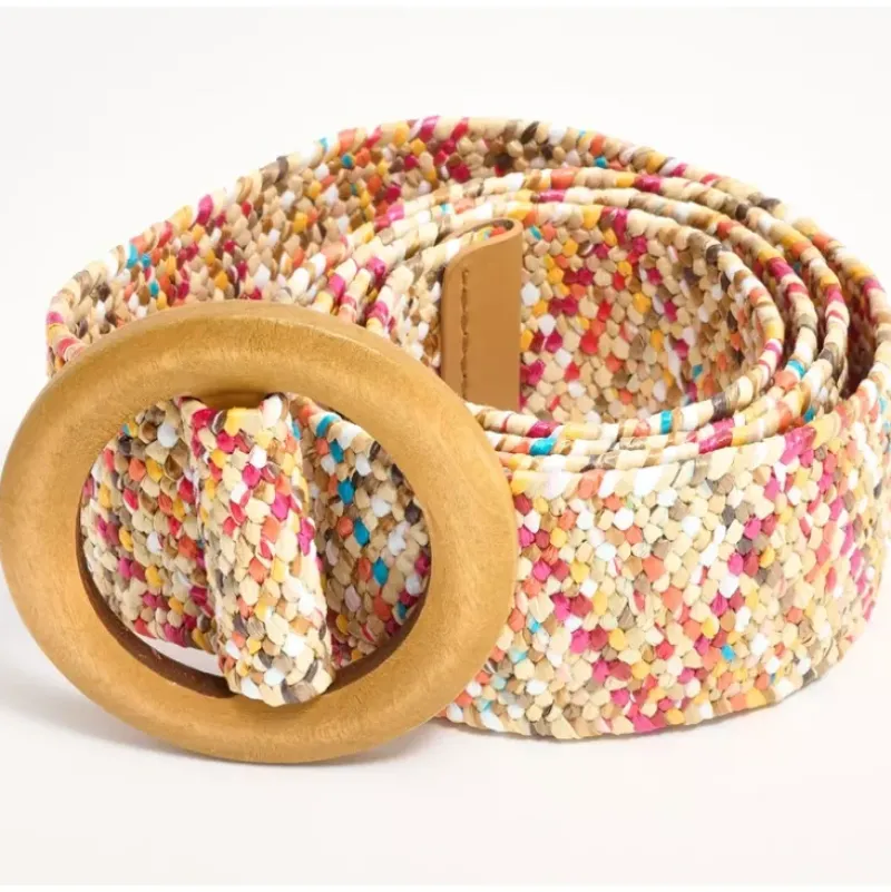 Susan Graver Stretch Raffia Belt with Round Wooden Buckle - a world of fashionable women's clothing, including a wide selection of dresses and trendy accessories.> Discount
