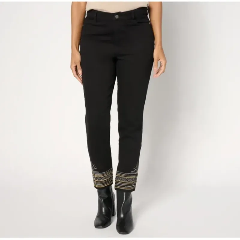 Susan Graver Tall Embellished Hem Straihgt Leg Jean - Black - a world of fashionable women's clothing, including a wide selection of dresses and trendy accessories.< Dresses