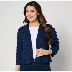 Susan Graver Tiered Ruffle Knit 3/4 Sleeve Shrug - a world of fashionable women's clothing, including a wide selection of dresses and trendy accessories.> Online