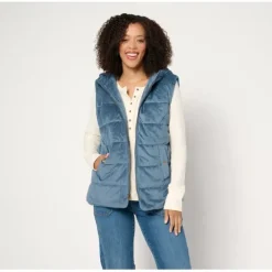 Susan Graver Weekend Lightly Quilted Knit Corduroy Hooded Vest - a world of fashionable women's clothing, including a wide selection of dresses and trendy accessories.< Shop All
